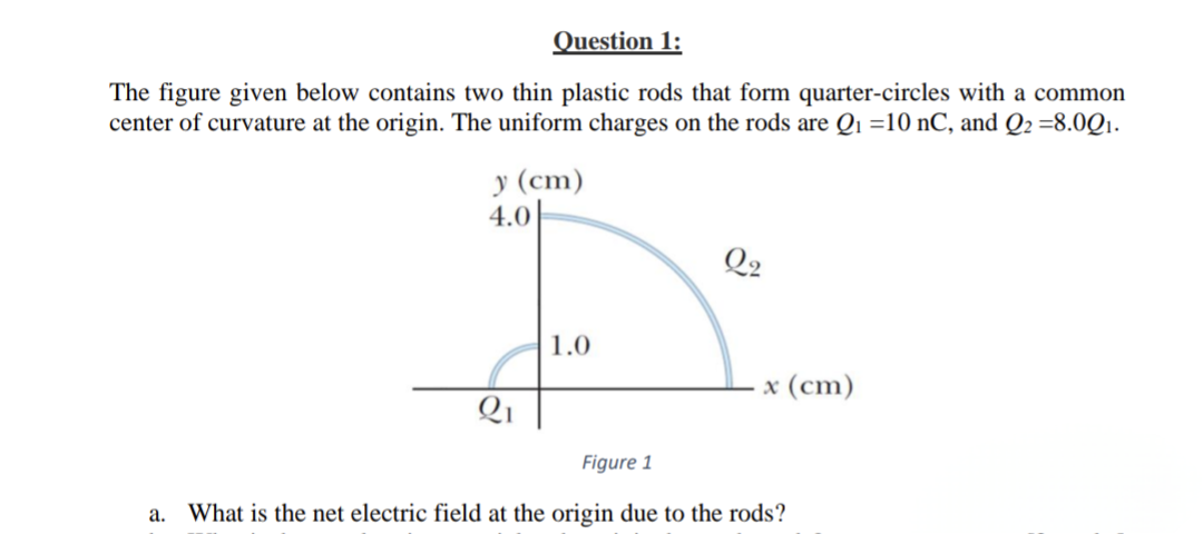 Question 1:
The figure given below contains two thin plastic rods that form quarter-circles with a common
center of curvature at the origin. The uniform charges on the rods are Q₁ =10 nC, and Q2 =8.001.
y (cm)
4.0
Q2
1.0
x (cm)
Figure 1
a. What is the net electric field at the origin due to the rods?