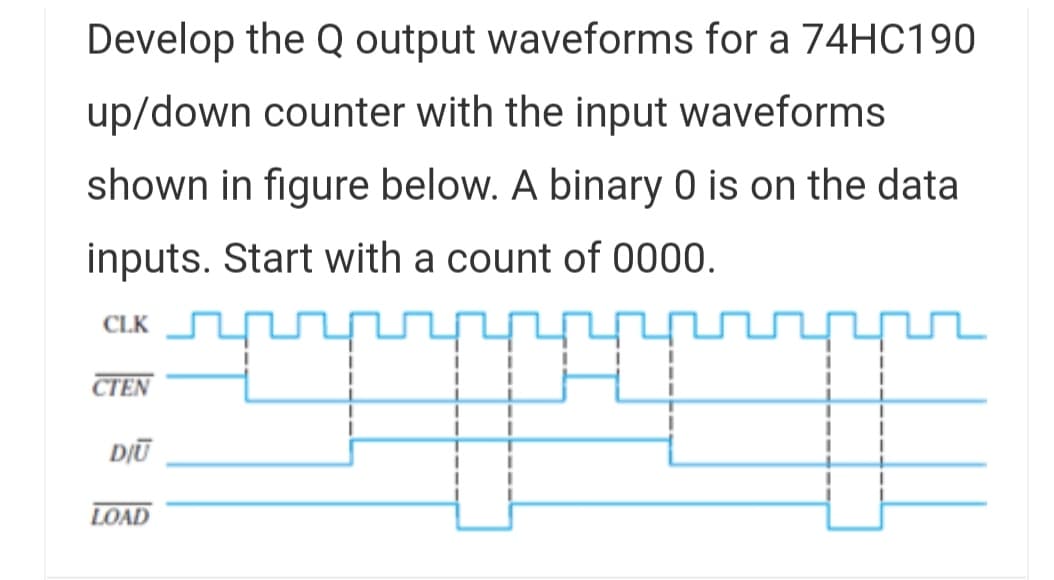 Develop the Q output waveforms for a 74HC190
up/down counter with the input waveforms
shown in figure below. A binary 0 is on the data
inputs. Start with a count of 0000.
CLK
CTEN
LOAD
