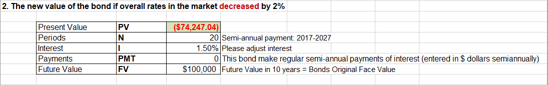 2. The new value of the bond if overall rates in the market decreased by 2%
($74,247.04)
Present Value
PV
20 Semi-annual payment: 2017-2027
1.50% Please adjust interest
0 This bond make regular semi-annual payments of interest (entered in $ dollars semiannually)
Periods
N
Interest
Payments
PMT
FV
$100,000 Future Value in 10 years Bonds Original Face Value
Future Value
