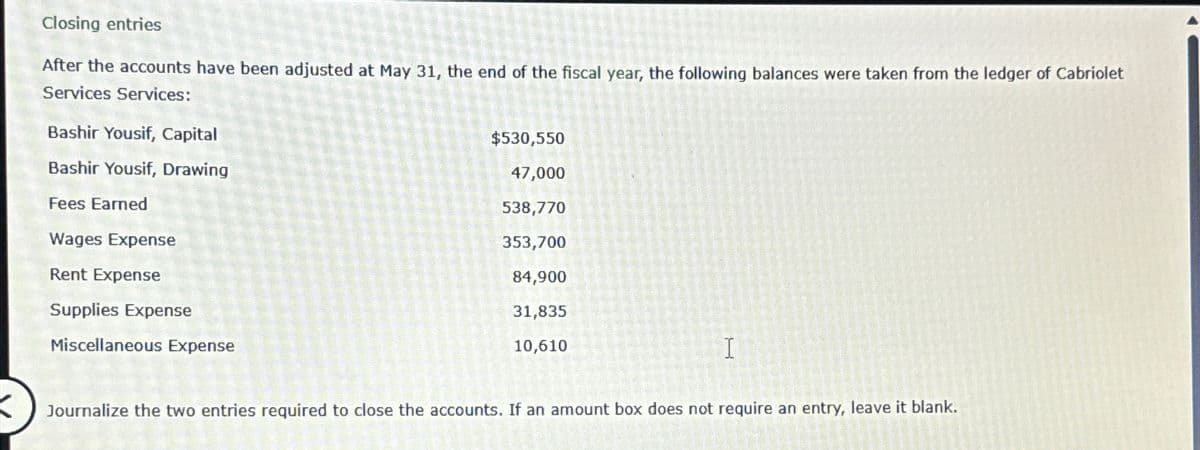 Closing entries
After the accounts have been adjusted at May 31, the end of the fiscal year, the following balances were taken from the ledger of Cabriolet
Services Services:
Bashir Yousif, Capital
Bashir Yousif, Drawing
Fees Earned
Wages Expense
Rent Expense
Supplies Expense
Miscellaneous Expense
$530,550
47,000
538,770
353,700
84,900
31,835
10,610
I
Journalize the two entries required to close the accounts. If an amount box does not require an entry, leave it blank.