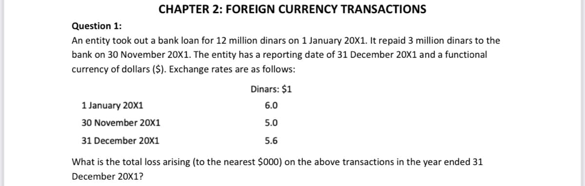 CHAPTER 2: FOREIGN CURRENCY TRANSACTIONS
Question 1:
An entity took out a bank loan for 12 million dinars on 1 January 20X1. It repaid 3 million dinars to the
bank on 30 November 20X1. The entity has a reporting date of 31 December 20X1 and a functional
currency of dollars ($). Exchange rates are as follows:
Dinars: $1
1 January 20X1
6.0
30 November 20X1
5.0
31 December 20X1
5.6
What is the total loss arising (to the nearest $000) on the above transactions in the year ended 31
December 20X1?
