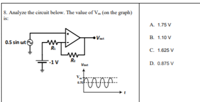 8. Analyze the circuit below. The value of V (on the graph)
is:
0.5 sin wt
T
R₁
-1V
R₂
Vout
Vaut
www ÄÄ
A. 1.75 V
B. 1.10 V
C. 1.625 V
D. 0.875 V