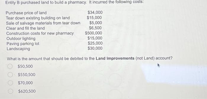 Entity B purchased land to build a pharmacy. It incurred the following costs:
Purchase price of land
Tear down existing building on land
Sale of salvage materials from tear down
Clear and fill the land
Construction costs for new pharmacy
Outdoor lighting
Paving parking lot
Landscaping
$34,000
$15,000
$5,000
$6,500
$500,000
$15,000
$25,000
$30,000
What is the amount that should be debited to the Land Improvements (not Land) account?
$50,500
$550,500
$70,000
$620,500