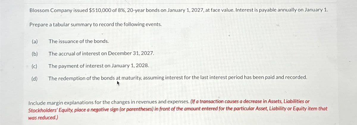 Blossom Company issued $510,000 of 8%, 20-year bonds on January 1, 2027, at face value. Interest is payable annually on January 1.
Prepare a tabular summary to record the following events.
(a)
(b)
(c)
(d)
The issuance of the bonds.
The accrual of interest on December 31, 2027.
The payment of interest on January 1, 2028.
The redemption of the bonds at maturity, assuming interest for the last interest period has been paid and recorded.
Include margin explanations for the changes in revenues and expenses. (If a transaction causes a decrease in Assets, Liabilities or
Stockholders' Equity, place a negative sign (or parentheses) in front of the amount entered for the particular Asset, Liability or Equity item that
was reduced.)