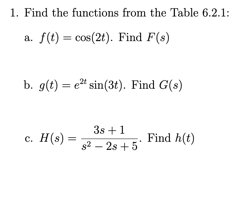 1. Find the functions from the Table 6.2.1:
a. f(t) = cos(2t). Find F(s)
b. g(t) = et sin(3t). Find G(s)
c. H(s) =
3s +1
s² - 2s + 5*
Find h(t)
