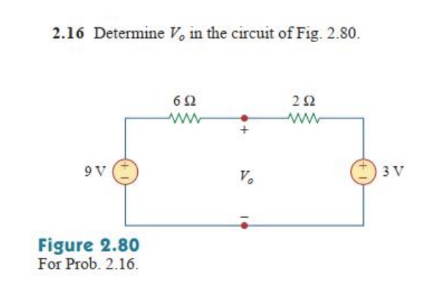 2.16 Determine V, in the circuit of Fig. 2.80.
9V
Figure 2.80
For Prob. 2.16.
692
www
+
Vo
292
ww
3 V