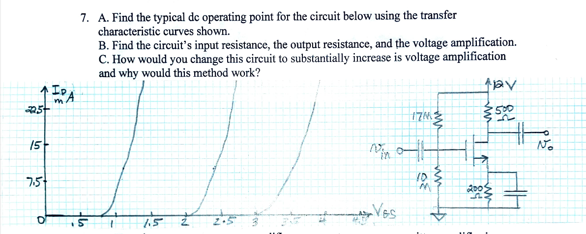2257
IPA
m
7. A. Find the typical dc operating point for the circuit below using the transfer
characteristic curves shown.
B. Find the circuit's input resistance, the output resistance, and the voltage amplification.
C. How would you change this circuit to substantially increase is voltage amplification
and why would this method work?
Mav
500
1713
15
7.5
0
w
vin off
10
M
Ves
5 1
2
200
No