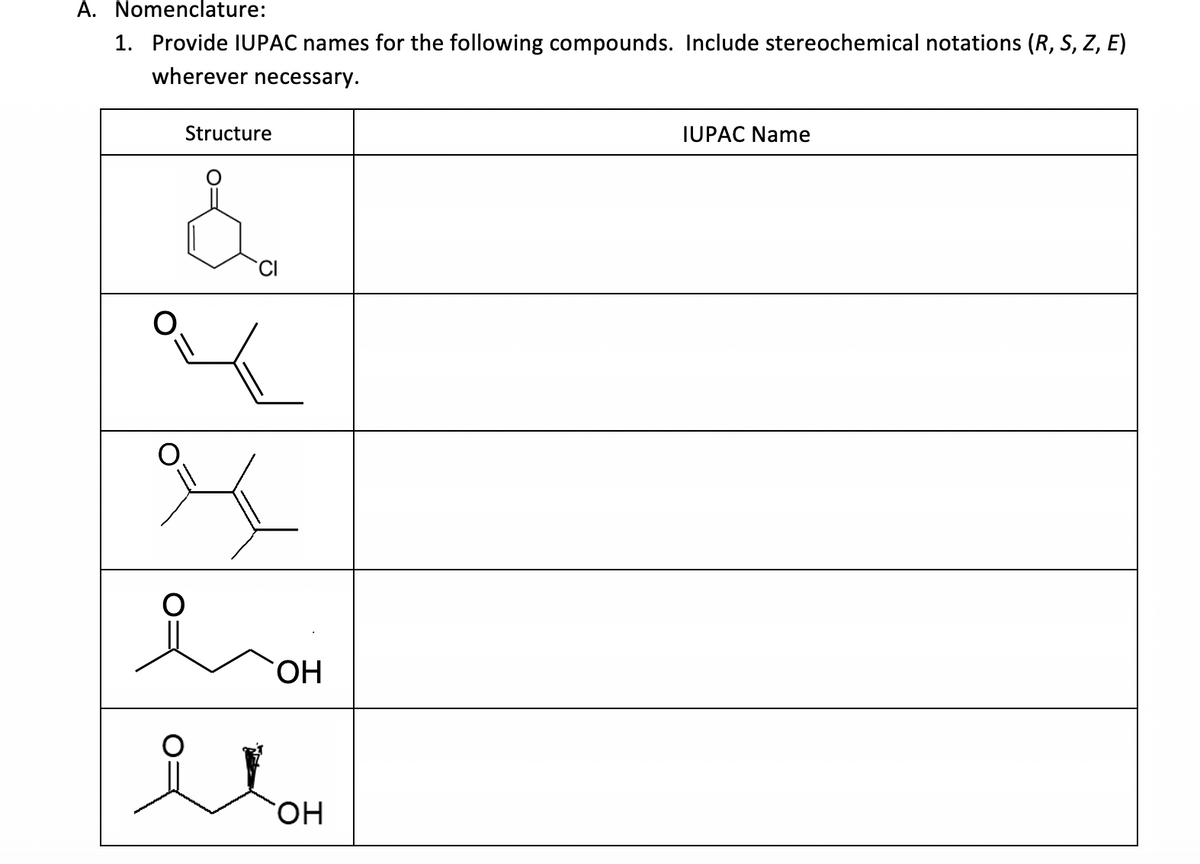 A. Nomenclature:
1. Provide IUPAC names for the following compounds. Include stereochemical notations (R, S, Z, E)
wherever necessary.
Structure
&
CI
요
r
grou
OH
ix
OH
IUPAC Name