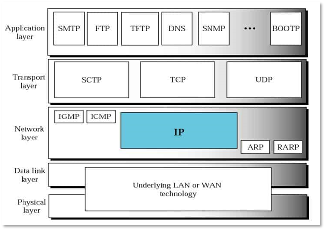 Application
layer
SMTP
FTP
TFTP
DNS
SNMP
BOOTP
Transport
layer
SCTP
ТСР
UDP
IGMP || ICMP
Network
IP
layer
ARP
RARP
Data link
layer
Underlying LAN or WAN
technology
Physical
layer
