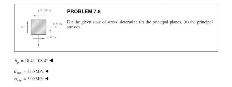 30 MPa
PROBLEM 7.8
For the given state of stress, determine (a) the principal planes, (b) the principal
stresses.
6 MPa
9 MPa
e, = 18.4°, 108.4°
max
33.0 MPa
3.00 MPa
O min
%3D
