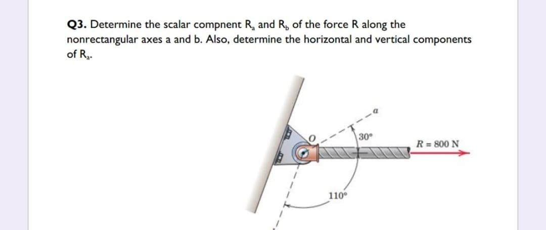 Q3. Determine the scalar compnent R, and R, of the force R along the
nonrectangular axes a and b. Also, determine the horizontal and vertical components
of R,.
30°
R = 800 N
110°
