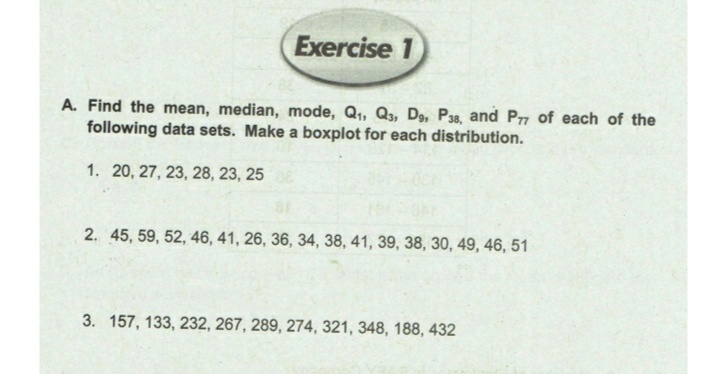 Exercise 1
A. Find the mean, median, mode, Q, Q3, Dg, P38, and Prn of each of the
following data sets. Make a boxplot for each distribution.
1. 20, 27, 23, 28, 23, 25
2. 45, 59, 52, 46, 41, 26, 36, 34, 38, 41, 39, 38, 30, 49, 46, 51
3. 157, 133, 232, 267, 289, 274, 321, 348, 188, 432
