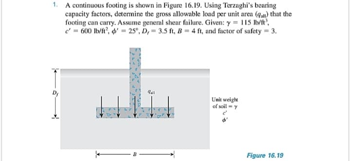1. A continuous footing is shown in Figure 16.19. Using Terzaghi's bearing
capacity factors, determine the gross allowable load per unit area (4an) that the
footing can carry. Assume general shear failure. Given: y = 115 lb/ft,
c' = 600 lb/ft', d' = 25°, D, = 3.5 ft, B = 4 ft, and factor of safety = 3.
qall
Unit weight
of soil = y
Figure 16.19
