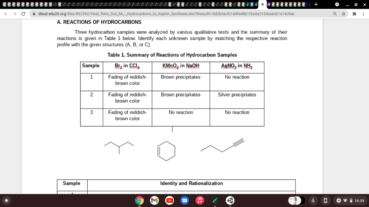 - O X
A dlsud.edu20.org/files/892392/Final_Term_2nd_SA_-_Hydrocarbons_to_Aspirin_Synthesis.doc?lmsauth=5d2b3acfc1d4fe48b1f2a4a2130eaecbla14c9ee
A. REACTIONS OF HYDROCARBONS
Three hydrocarbon samples were analyzed by various qualitative tests and the summary of their
reactions is given in Table 1 below. Identify each unknown sample by matching the respective reaction
profile with the given structures (A, B, or C).
Table 1. Summary of Reactions of Hydrocarbon Samples
Sample
Br, in CCI,
KMNO, in NaOH
AGNO, in NH,
Fading of reddish-
brown color
1
Brown precipitates
No reaction
Fading of reddish-
brown color
2
Brown precipitates
Silver precipitates
Fading of reddish-
brown color
No reaction
No reaction
Sample
Identity and Rationalization
e A 16:39
