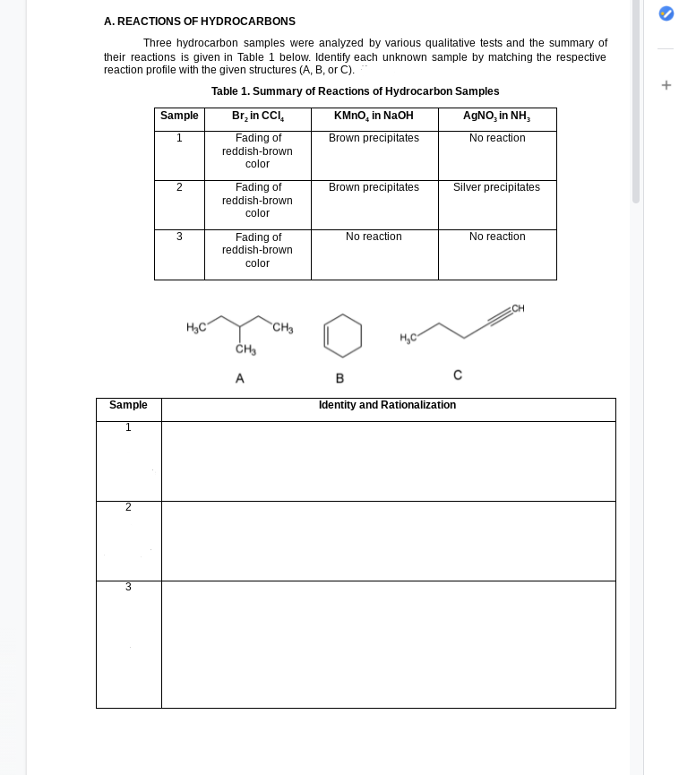 A. REACTIONS OF HYDROCARBONS
Three hydrocarbon samples were analyzed by various qualitative tests and the summary of
their reactions is given in Table 1 below. Identify each unknown sample by matching the respective
reaction profile with the given structures (A, B, or C).
Table 1. Summary of Reactions of Hydrocarbon Samples
KMNO, in NaOH
Brown precipitates
Sample
AGNO, in NH,
No reaction
Br, in CCI,
Fading of
reddish-brown
color
Fading of
Brown precipitates
Silver precipitates
reddish-brown
color
3
Fading of
reddish-brown
No reaction
No reaction
color
CH
CH3
H,C
A
в
Sample
Identity and Rationalization
2
3
