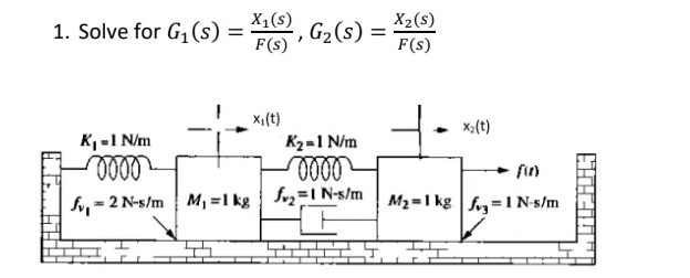X1(s)
1. Solve for G,(s) =
F(s)
X2(s)
G2 (s) =
F(s)
x:(t)
x:(t)
K, -1 Nim
ole
K2-1 N/m
000
fy, - 2 N-s/m
M, =1 kg fz=I N-s/m
M2 =1 kg fn=1N-s/m

