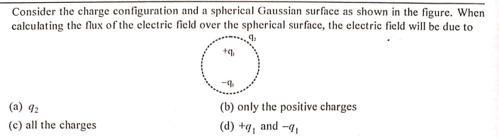 Consider the charge configuration and a spherical Gaussian surface as shown in the figure. When
calculating the flux of the electric field over the spherical surface, the electric field will be due to
+q.
(a) 92
(b) only the positive charges
(c) all the charges
(d) +g, and -q,
