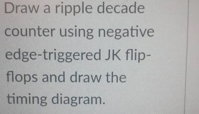 Draw a ripple decade
counter using negative
edge-triggered JK flip-
flops and draw the
timing diagram.
