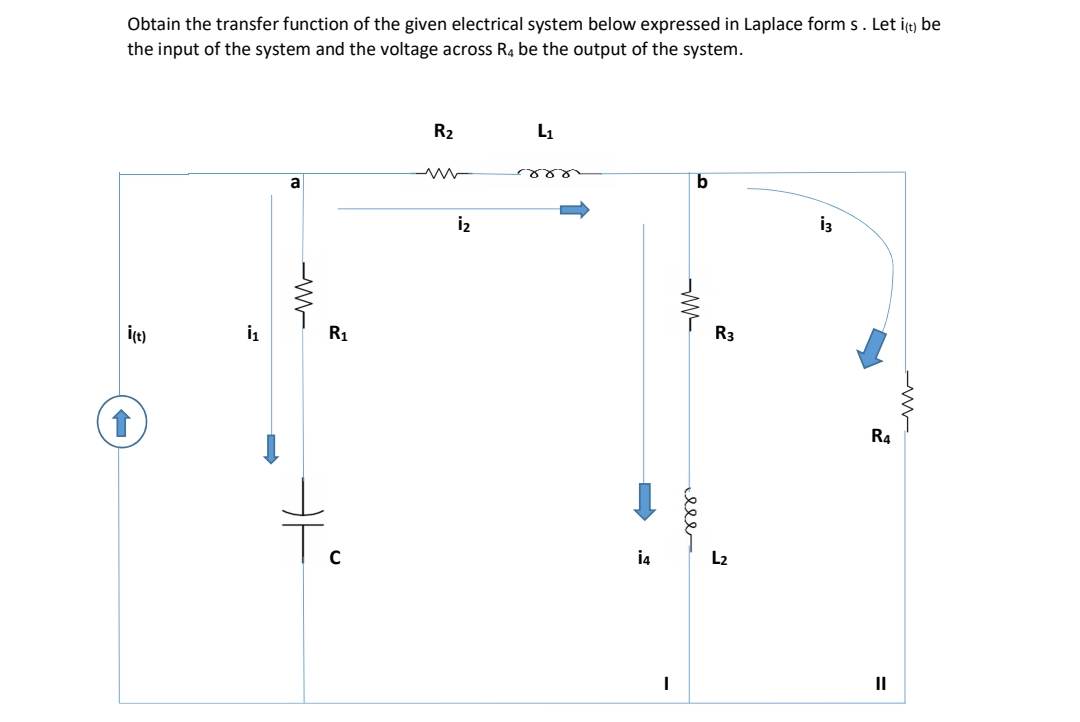 Obtain the transfer function of the given electrical system below expressed in Laplace form s. Let it) be
the input of the system and the voltage across R4 be the output of the system.
R2
L1
४४४
a
iz
i3
R1
R3
R4
i4
L2
II
-W-
