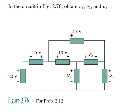 In the circuit in Fig. 2.76, obtain vị, v2, and v3.
15 V
25 V
10 V
+
20 V
V3
Figure 2.76 For Prob. 2.12.
+
+
+
