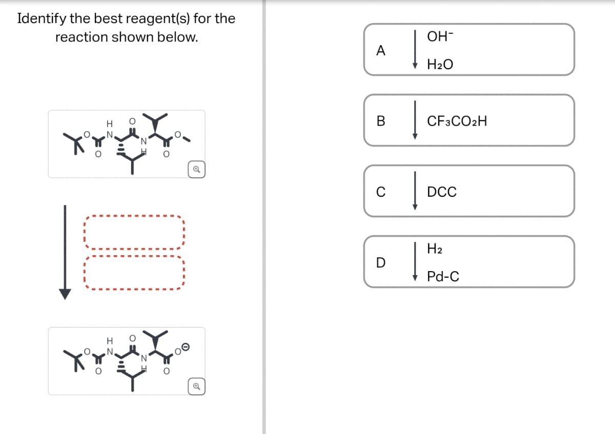 Identify the best reagent(s) for the
reaction shown below.
H
O
N.
Q
@
он-
A
H2O
B
0
CF3CO2H
DCC
D
H2
Pd-C