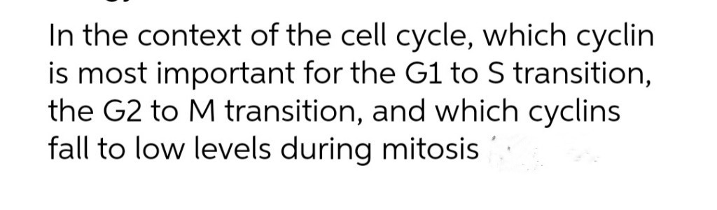 In the context of the cell cycle, which cyclin
is most important for the G1 to S transition,
the G2 to M transition, and which cyclins
fall to low levels during mitosis