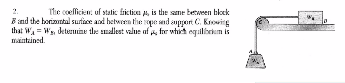 2.
The coefficient of static friction , is the same between block
B and the horizontal surface and between the rope and support C. Knowing
that WA = WB, determine the smallest value of us for which equilibrium is
maintained.
W
WB