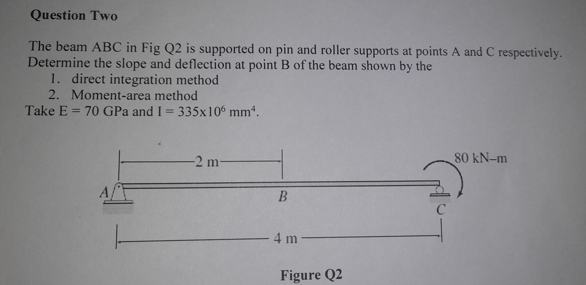 Question Two
The beam ABC in Fig Q2 is supported on pin and roller supports at points A and C respectively.
Determine the slope and deflection at point B of the beam shown by the
1. direct integration method
2. Moment-area method
Take E = 70 GPa and I = 335x106 mm4.
-2 m-
B
- 4 m
Figure Q2
C
80 kN-m