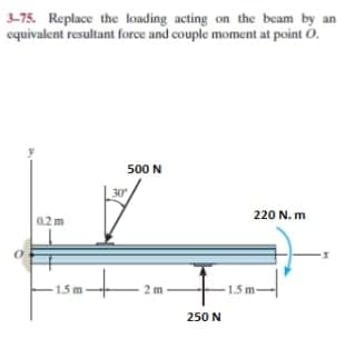3-75. Replace the loading acting on the beam by an
equivalent resultant force and couple moment at point O.
0.2m
-1.5m
30
500 N
2m
250 N
220 N.m
-1.5m-