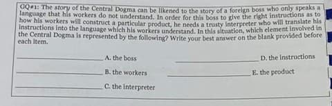 GQ#1: The story of the Central Dogma can be likened to the story of a foreign boss who only speaks a
language that his workers do not understand. In order for this boss to give the right instructions as to
how his workers will construct a particular product, he needs a trusty interpreter who will transtate s
instructions into the language which his workers understand, In this situation, which element involved
the Central Dogma is represented by the following? Write vour best answer on the blank provided before
each item.
A. the boss
D. the Instructions
B. the workers
E. the product
C. the Interpreter
