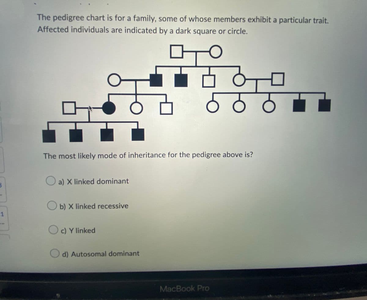 1
The pedigree chart is for a family, some of whose members exhibit a particular trait.
Affected individuals are indicated by a dark square or circle.
T
♫
The most likely mode of inheritance for the pedigree above is?
a) X linked dominant
Ob) X linked recessive
Oc) Y linked
Od) Autosomal dominant
MacBook Pro