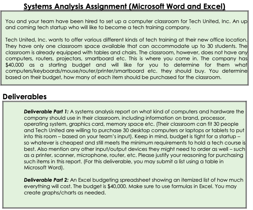 Systems Analysis Assignment (Microsoft Word and Excel)
You and your team have been hired to set up a computer classroom for Tech United, Inc. An up
and coming tech startup who will like to become a tech training company.
Tech United, Inc. wants to offer various different kinds of tech training at their new office location.
They have only one classroom space available that can accommodate up to 30 students. The
classroom is already equipped with tables and chairs. The classroom, however, does not have any
computers, routers, projectors, smartboard etc. This is where you come in. The company has
$40,000 as a starting budget and will like for you to determine for them what
computers/keyboards/mouse/router/printer/smartboard etc. they should buy. You determine
based on their budget, how many of each item should be purchased for the classroom.
Deliverables
Deliverable Part 1: A systems analysis report on what kind of computers and hardware the
company should use in their classroom, including information on brand, processor,
operating system, graphics card, memory space etc. (Their classroom can fit 30 people
and Tech United are willing to purchase 30 desktop computers or laptops or tablets to put
into this room - based on your team's input). Keep in mind, budget is tight for a startup –
so whatever is cheapest and still meets the minimum requirements to hold a tech Course is
best. Also mention any other input/output devices they might need to order as well – such
as a printer, scanner, microphone, router, etc. Please justify your reasoning for purchasing
such items in this report. (For this deliverable, you may submit a list using a table in
Microsoft Word).
Deliverable Part 2: An Excel budgeting spreadsheet showing an itemized list of how much
everything will cost. The budget is $40,000. Make sure to use formulas in Excel. You may
create graphs/charts as needed.
