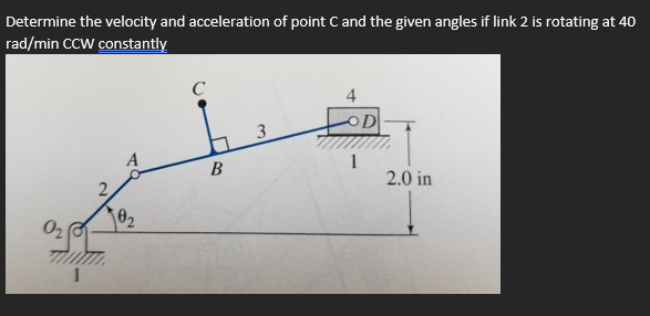 Determine the velocity and acceleration of point C and the given angles if link 2 is rotating at 40
rad/min CCW constantly
C
02
2
02
4
3
OD
B
1
2.0 in