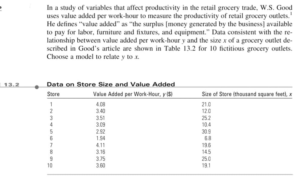 P
E 13.2
1
In a study of variables that affect productivity in the retail grocery trade, W.S. Good
uses value added per work-hour to measure the productivity of retail grocery outlets.
He defines "value added" as "the surplus [money generated by the business] available
to pay for labor, furniture and fixtures, and equipment." Data consistent with the re-
lationship between value added per work-hour y and the size x of a grocery outlet de-
scribed in Good's article are shown in Table 13.2 for 10 fictitious grocery outlets.
Choose a model to relate y to x.
Data on Store Size and Value Added
Value Added per Work-Hour, y (S)
Size of Store (thousand square feet), x
Store
1
4.08
21.0
2
3.40
12.0
3.51
25.2
3.09
10.4
2.92
30.9
1.94
6.8
4.11
19.6
3.16
14.5
3.75
25.0
3.60
19.1
134567890