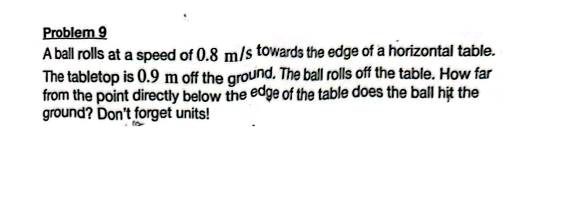 Problem 9
A ball rolls at a speed of 0.8 m/s towards the edge of a horizontal table.
The tabletop is 0.9 m off the ground. The ball rolls off the table. How far
from the point directly below the edge of the table does the ball hit the
ground? Don't forget units!