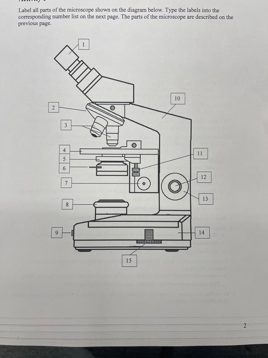 Label all parts of the microscope shown on the diagram below. Type the labels into the
corresponding number list on the next page. The parts of the microscope are described on the
previous page.
2
9
3
4
6
7
8
1
15
10
11
12
13
14
2