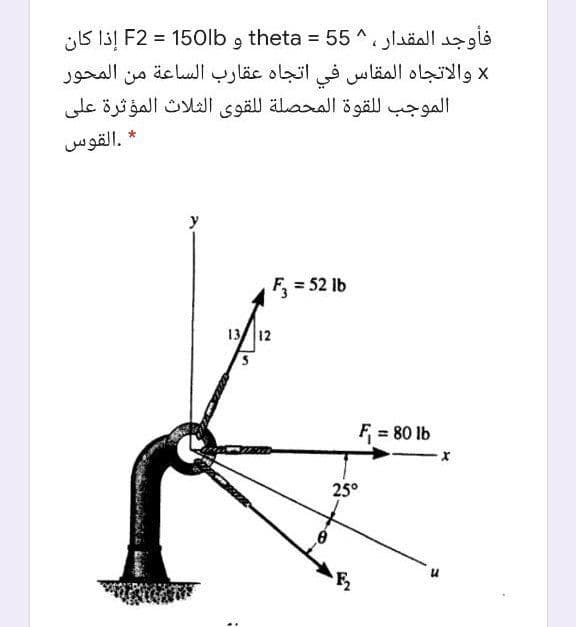 فأوجد المقدار ، ^5 5 = theta و F2 = 150Ib إذا كان
%3D
X والاتجاه المقاس في اتجاه عقارب الساعة من المحور
الموجب ل لقوة المحصلة ل لقوى الثلاث المؤثرة على
* .القوس
y
F = 52 lb
13/ 12
F = 80 lb
25°
ه هانه
