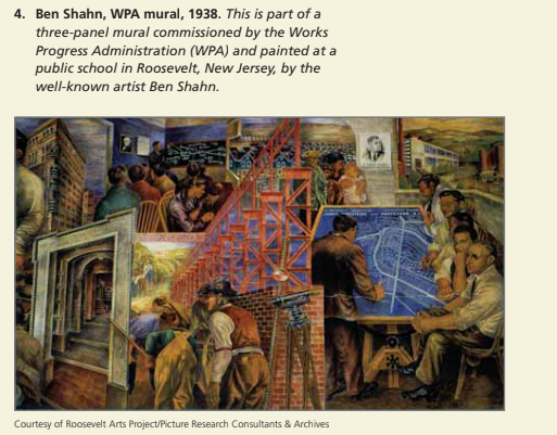 4. Ben Shahn, WPA mural, 1938. This is part of a
three-panel mural commissioned by the Works
Progress Administration (WPA) and painted at a
public school in Roosevelt, New Jersey, by the
well-known artist Ben Shahn.
Courtesy of Roosevelt Arts Project/Picture Research Consultants & Archives
