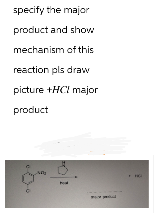 specify the major
product and show
mechanism of this
reaction pls draw
picture +HCl major
product
11
NO₂
heat
major product
+ HCI