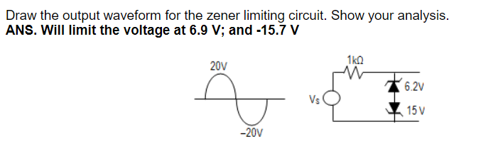 Draw the output waveform for the zener limiting circuit. Show your analysis.
ANS. Will limit the voltage at 6.9 V; and -15.7 V
1ka
20V
6.2V
Vs
15 V
-20V
