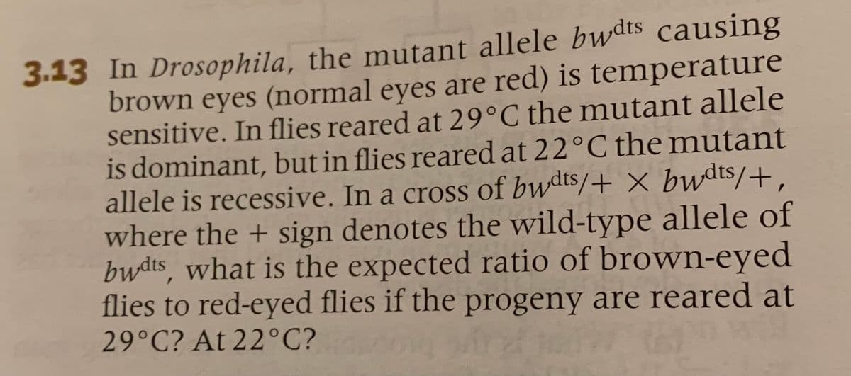 3.13 In Drosophila, the mutant allele bwdts causing
brown eyes (normal eyes are red) is temperature
sensitive. In flies reared at 29°C the mutant allele
is dominant, but in flies reared at 22°C the mutant
allele is recessive. In a cross of bwdts/+ X bwdts/+,
where the + sign denotes the wild-type allele of
bwdts, what is the expected ratio of brown-eyed
flies to red-eyed flies if the progeny are reared at
29°C? At 22°C?
