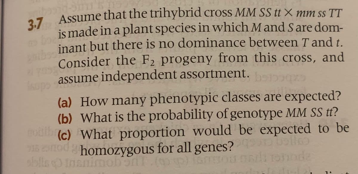 97 Assume that the trihybrid cross MM SS tt X mm ss TT
is made in a plant species in which Mand S are dom-
inant but there is no dominance between T and t.
Consider the F2 progeny from this cross, and
assume independent assortment.
(a) How many phenotypic classes are expected?
(b) What is the probability of genotype MM SS t?
obib
(c) What proportion would be expected to be
15 2nod bolleo
homozygous for all genes?
ablla Insninmobo.(om
