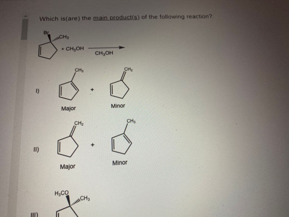 Which is(are) the main product(s) of the following reaction?
Br
CH3
+ CH,OH
CH3OH
CH3
CH2
1)
Minor
Major
CH3
8.0
CH2
II)
Minor
Major
H,CO
CH
