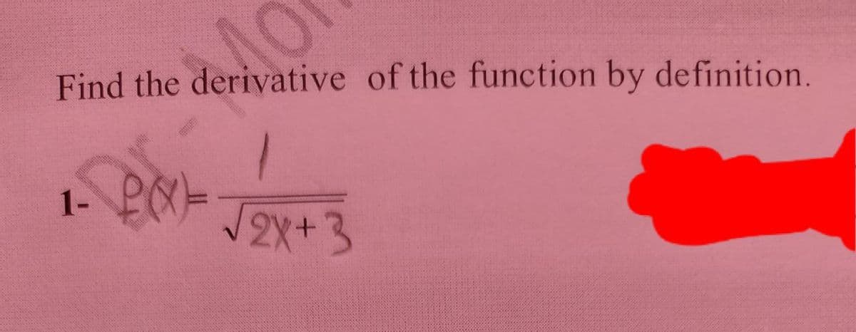 Find the derivative of the function by definition.
1-
V2x+3
