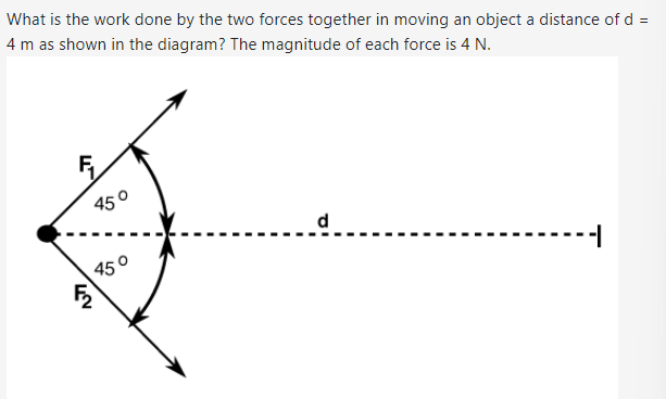 What is the work done by the two forces together in moving an object a distance of d =
4 m as shown in the diagram? The magnitude of each force is 4 N.
N
450
45
d
1