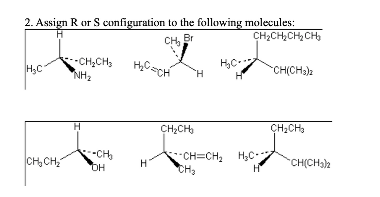 2. Assign R or S configuration to the following molecules:
CH2CH2CH2 CH3
CH3
Br
CH2CH3
NH2
H3C-
H.
H3C
CH(CH3)2
CH2CH3
CH2CH3
--CH3
OH
CH=CH2
CH3
H3C
H
CH,CH2
H
CH(CH3)2
