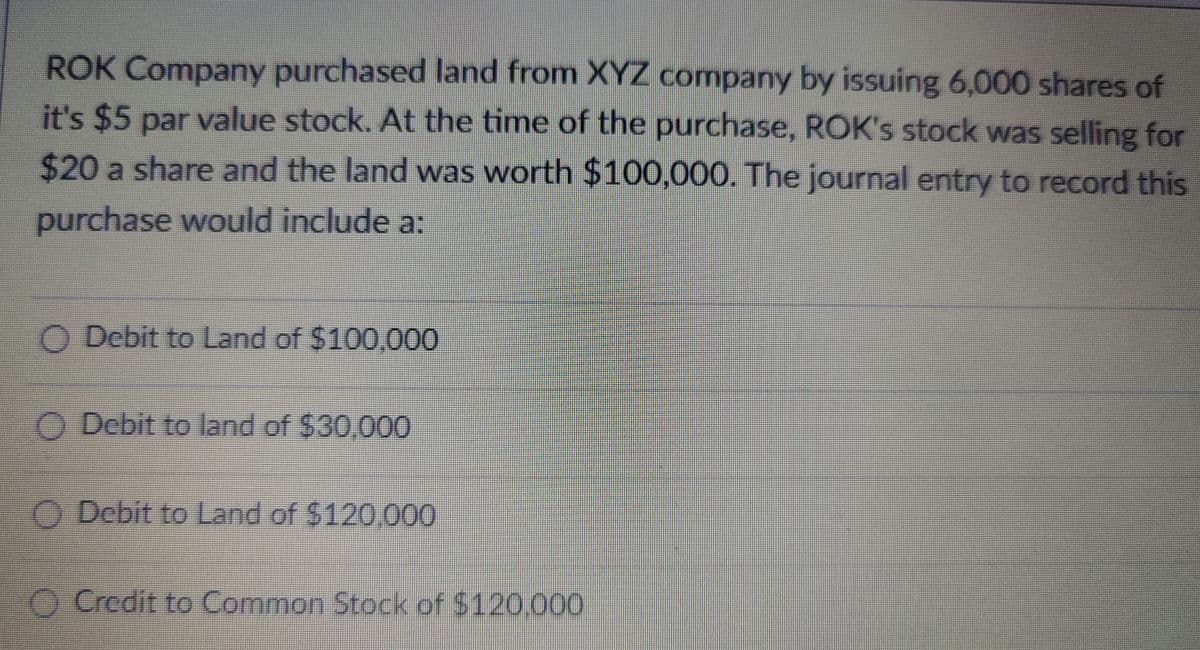 ROK Company purchased land from XYZ company by issuing 6,000 shares of
it's $5 par value stock. At the time of the purchase, ROK's stock was selling for
$20 a share and the land was worth $100,000. The journal entry to record this
purchase would include a:
Debit to Land of $100,000
O Debit to land of $30,000
O Debit to Land of $120,000
Credit to Common Stock of $120,000