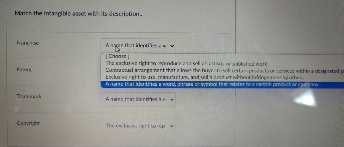 Match the Intangible asset with its description..
Franchise
Patent
Trademark
A name that identifies a w
name
[Choose ]
The exclusive right to reproduce and sell an artistic or published work
Contractual arrangement that allows the buyer to sell certain products or services within a designated go
Exclusive right to use, manufacture, and sell a product without infringement by others
A name that identifies a word, phrase or symbol that relates to a certain product or company
A name that identifies a w
Copyright
The exclusive right to rep