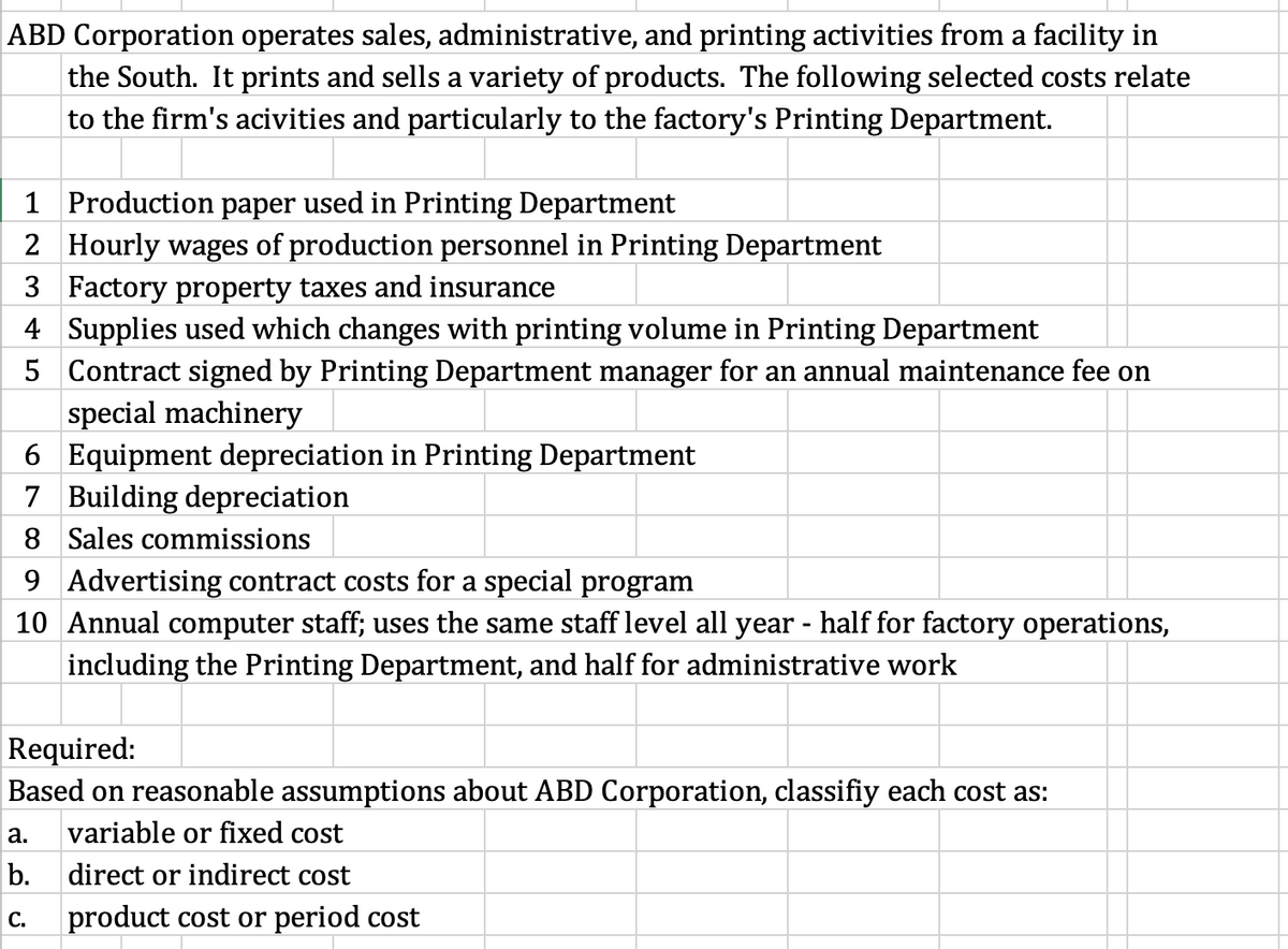 ABD Corporation operates sales, administrative, and printing activities from a facility in
the South. It prints and sells a variety of products. The following selected costs relate
to the firm's acivities and particularly to the factory's Printing Department.
1 Production paper used in Printing Department
2 Hourly wages of production personnel in Printing Department
3 Factory property taxes and insurance
4 Supplies used which changes with printing volume in Printing Department
5 Contract signed by Printing Department manager for an annual maintenance fee on
special machinery
6 Equipment depreciation in Printing Department
7 Building depreciation
8 Sales commissions
9 Advertising contract costs for a special program
10 Annual computer staff; uses the same staff level all year - half for factory operations,
including the Printing Department, and half for administrative work
Required:
Based on reasonable assumptions about ABD Corporation, classifiy each cost as:
а.
variable or fixed cost
b.
direct or indirect cost
С.
product cost or period cost
