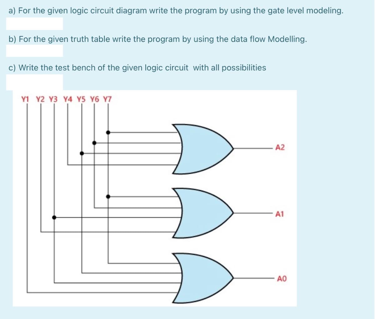 a) For the given logic circuit diagram write the program by using the gate level modeling.
b) For the given truth table write the program by using the data flow Modelling.
c) Write the test bench of the given logic circuit with all possibilities
Y1 Y2 Y3 Y4 Y5 Y6 Y7
A2
A1
A0
